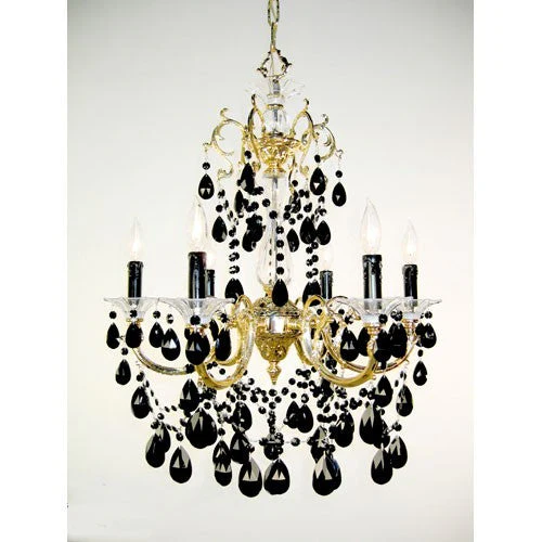 Via Venteo 24k Gold Plate Six-Light Chandelier with Black Crystal Accents - Image 1