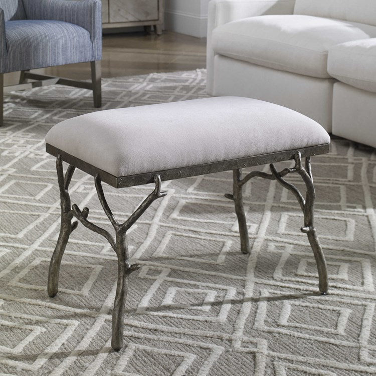 Uttermost Lismore White Fabric Cushion Seat Molded Branch Antique Silver Bench - Image 2