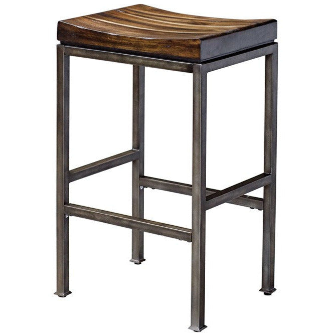 Uttermost Beck Dark Walnut Wood Bar Stool With Industrial Iron Base - Image 2