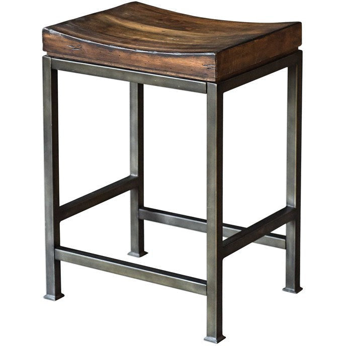 Uttermost Beck Dark Walnut Wood Counter Stool With Industrial Iron Base