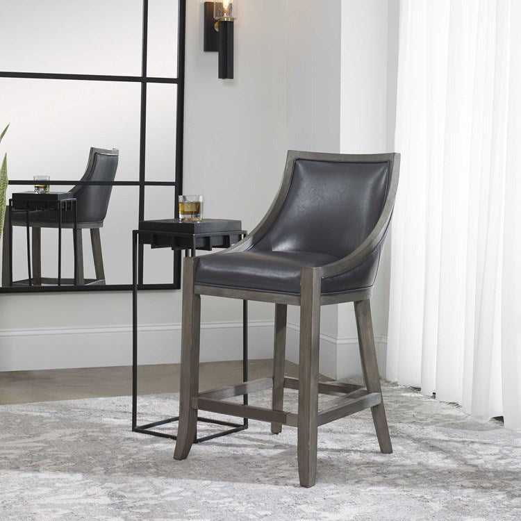 Uttermost Elowen Steel Gray Faux Leather Counter Stool With Wood Frame - Image 3