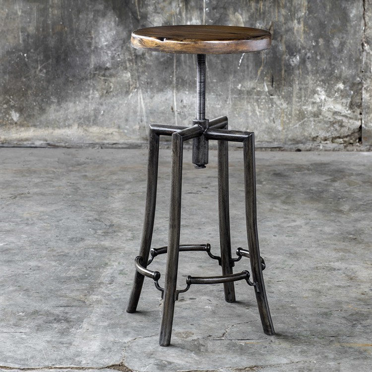 Uttermost Westlyn Dark Walnut Wood Bar Stool With Industrial Iron Base - Image 2