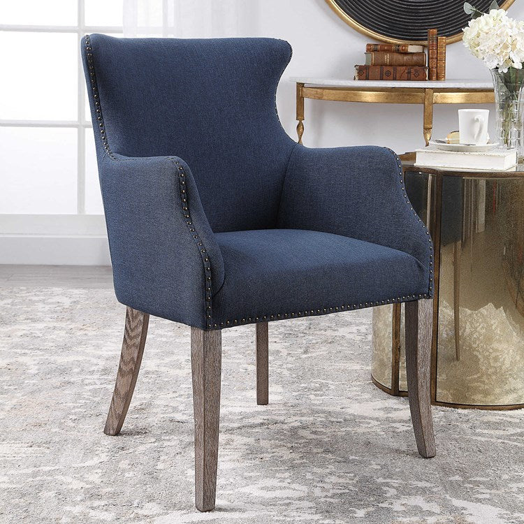 Uttermost Yareena Denim Blue Linen Contemporary Wingback Chair - Image 3