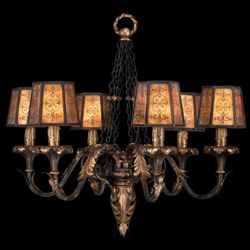 Epicurean Six-Light Chandelier in Charred Iron Finish with Features Mica Shades and Burnished Gold Candelabra - Image 1