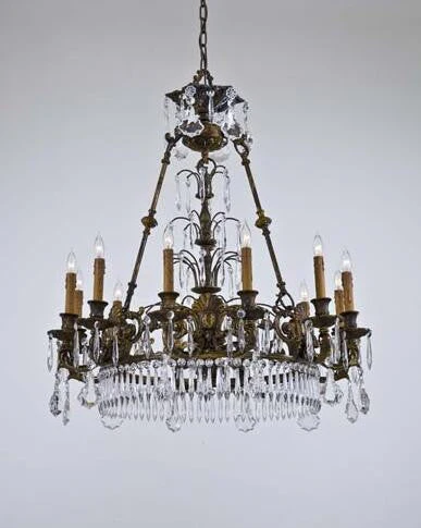 Brass Twelve-Light Chandelier with Tan Drip Candlesleeves - Image 1