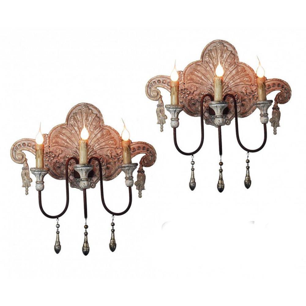 Provence Home Set of 2 Distressed French Grey & Silver Carved Wood Antiqued Metal Wall Sconces