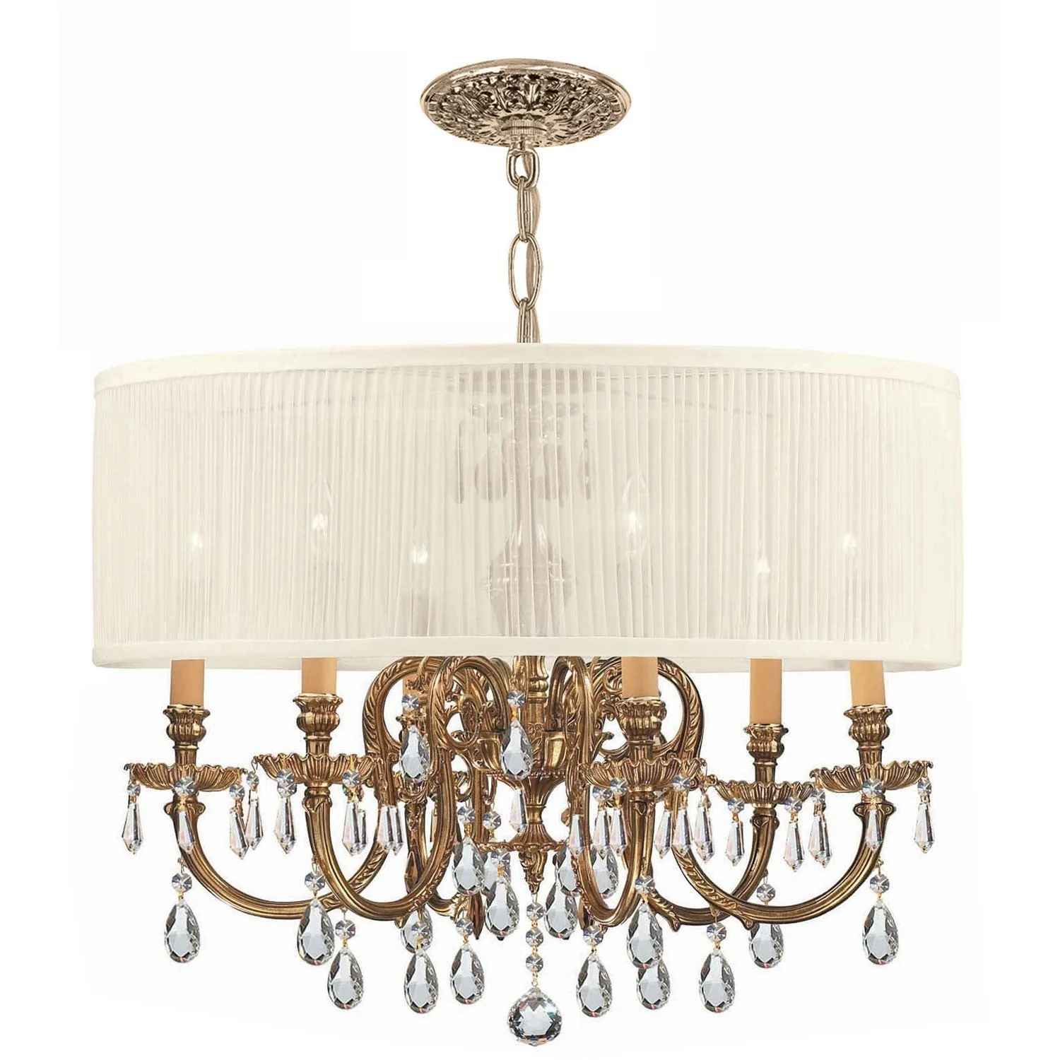 Group Brentwood Ornate Cast Brass Chandelier with Swarovski Spectra Crystal and Antique White Shade - Image 1