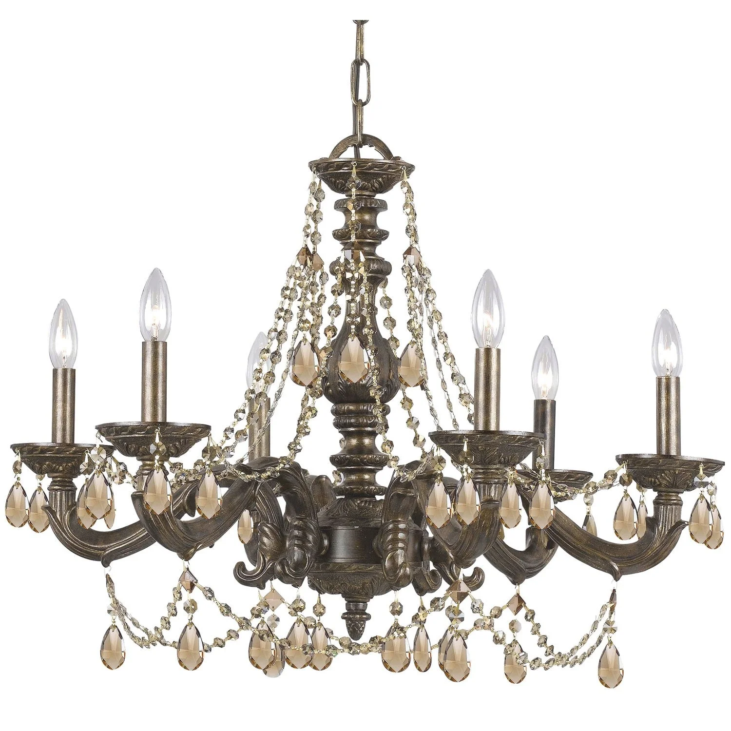 Group Sutton Venetian Bronze Ornate Chandelier Draped with Golden Teak Crystal - Image 1