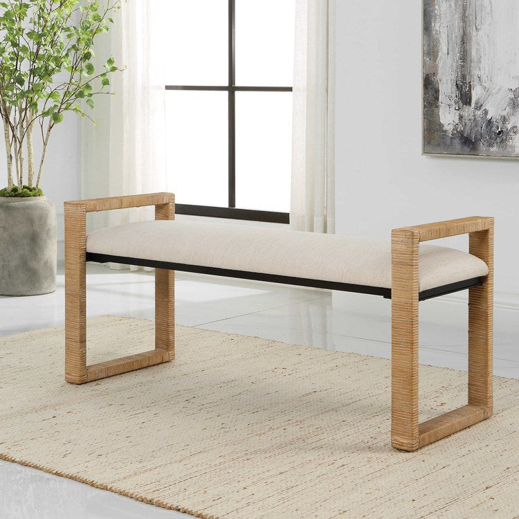 Uttermost Areca Textured Oatmeal Performance Fabric Upholstered Seat Natural Rattan Bench