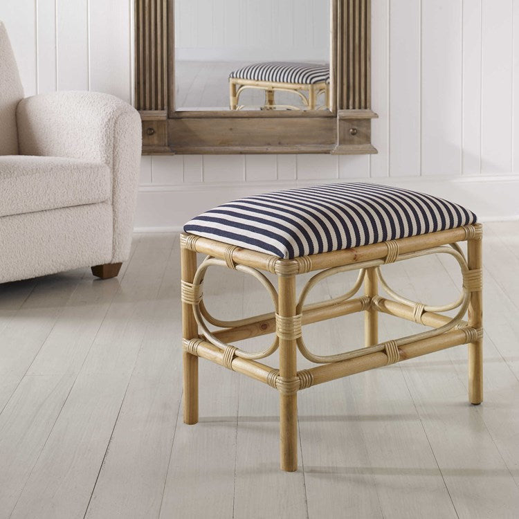 Uttermost Laguna Blue & White Stripe Fabric Seat Cushion Rattan Wrapped Coastal Small Bench