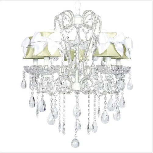 White Five-Light Chandelier with Green Shades and White Sashes - Image 1