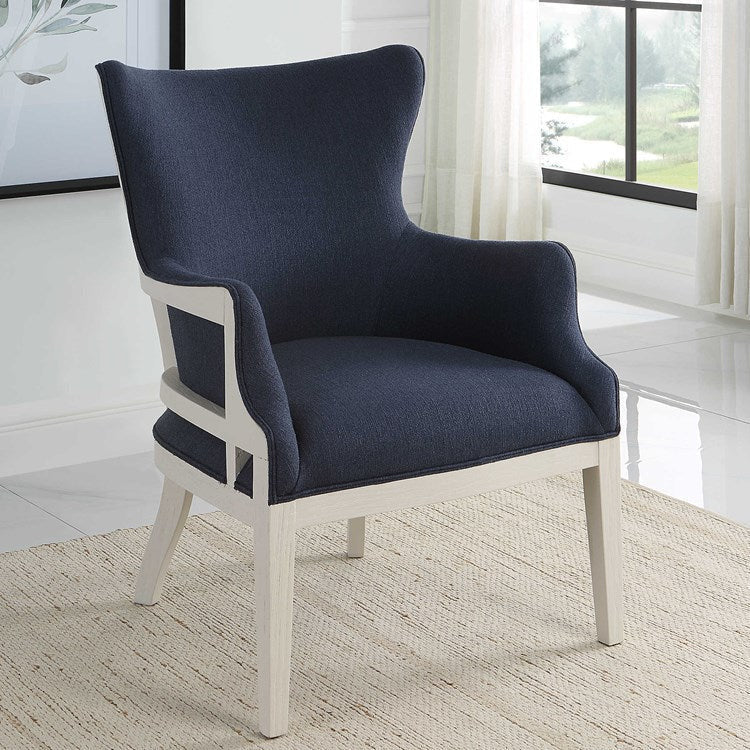 Uttermost Gordonston Regatta Blue Fabric White Wood Accent Armchair - Image 1