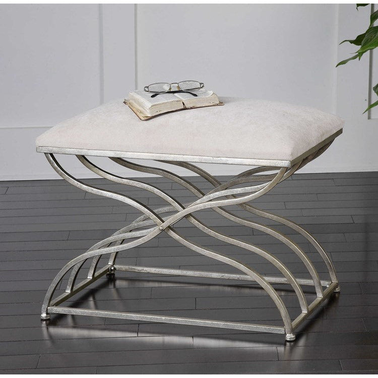 Uttermost Shea Ivory Fabric Cushion Seat Modern Satin Nickel Iron Small Bench - Image 2