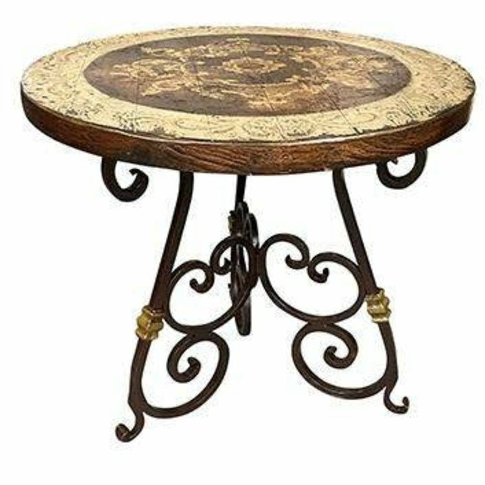 Casa Bonita Peruvian Hand-Painted Carved Wood and Hand Forged Iron Estancia Round End Table - Image 1