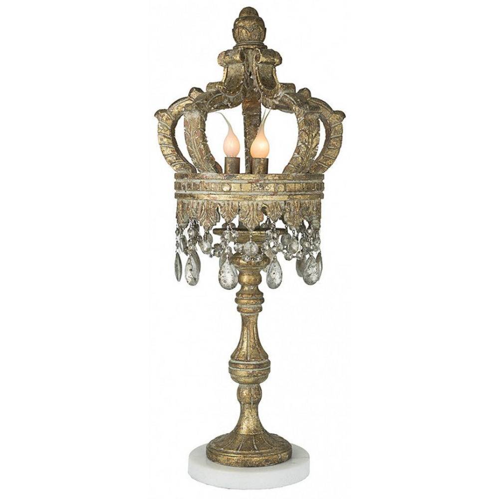 Provence Home Distressed Gold Crown Carved Wood Table Lamp Marble Base With Antiqued Crystals - Image 1