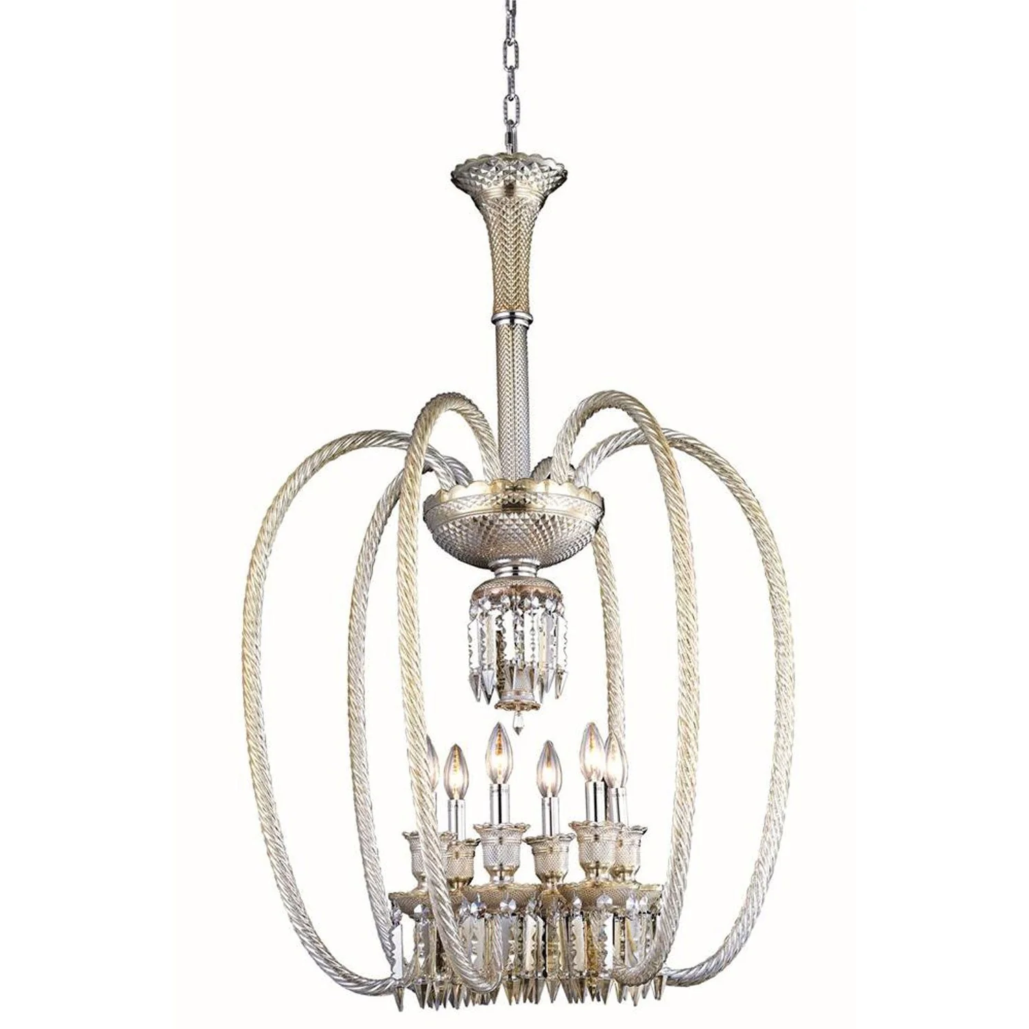 Majestic Golden Teak Six-Light Chandelier with Elegant Cut Crystal - Image 1