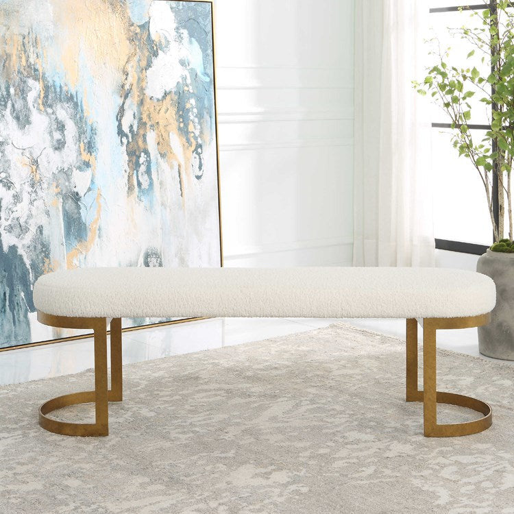 Uttermost Infinity White Faux Shearling Seat Modern Antique Gold Iron Bench - Image 3