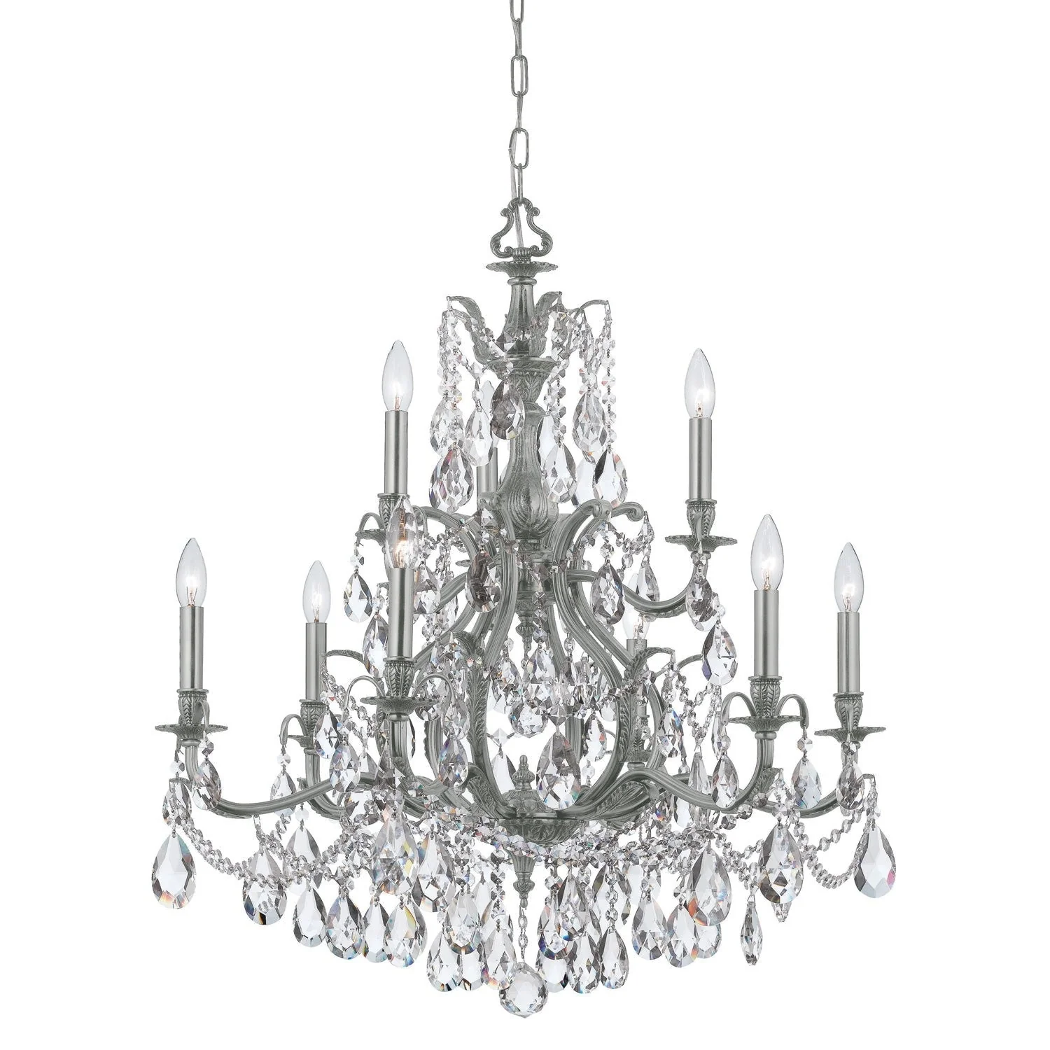 Group Dawson Pewter Nine-Light Chandelier with Clear Hand Cut Crystal - Image 1