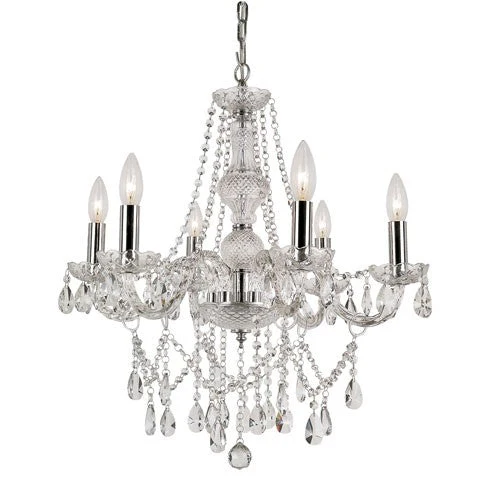 Polished Chrome Six Light Crystal Chandelier with Cut Crystal Bead Strands - Image 1