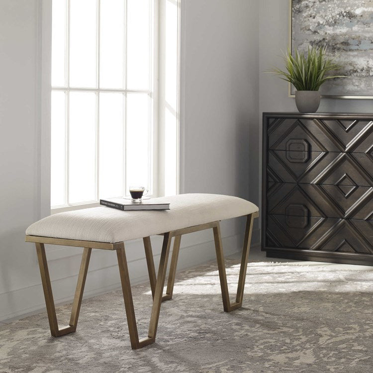Uttermost Farrah Textured White Fabric Seat Cushion Modern Antiqued Gold Iron Bench