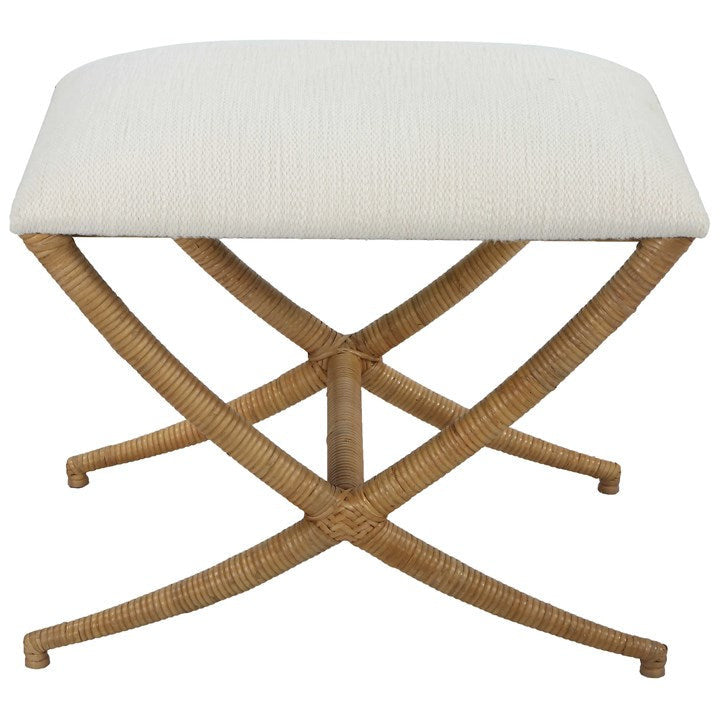 Uttermost Expedition Textured White Performance Fabric Upholstered Seat Natural Rattan Bench - Image 2