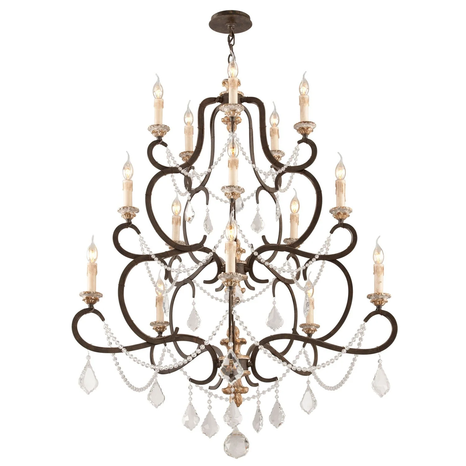 Bronze 15-Light Large Chandelier w/ Distressed Gold Leaf and Crystal - Image 1