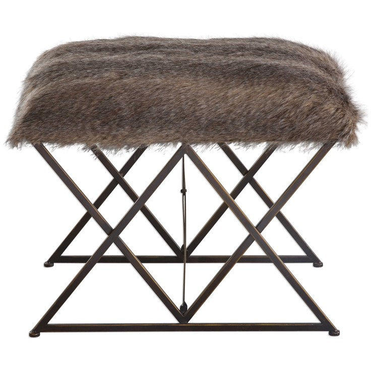 Uttermost Brannen Faux Chocolate Brown Fur Black Iron Small Bench - Image 2