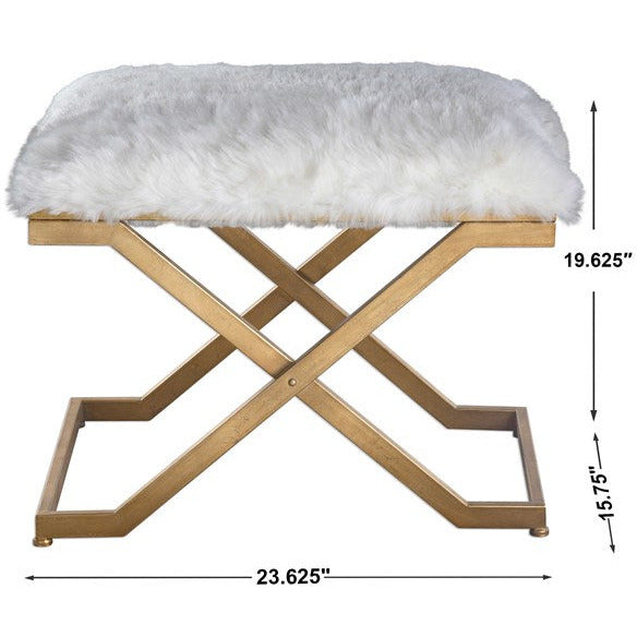 Uttermost Farran White Faux Fur Seat Antiqued Gold Iron Small Bench - Image 3