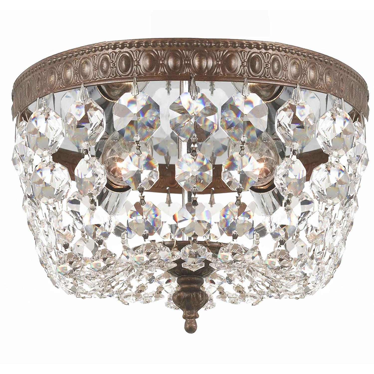 English Bronze Two-Light Flush Mount with Clear Swarovski Crystal
