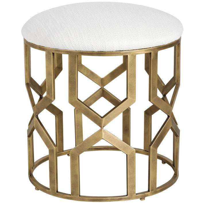 Uttermost Trellis Crisp White Fabric Cushion Seat Modern Brushed Brass Round Accent Stool - Image 2