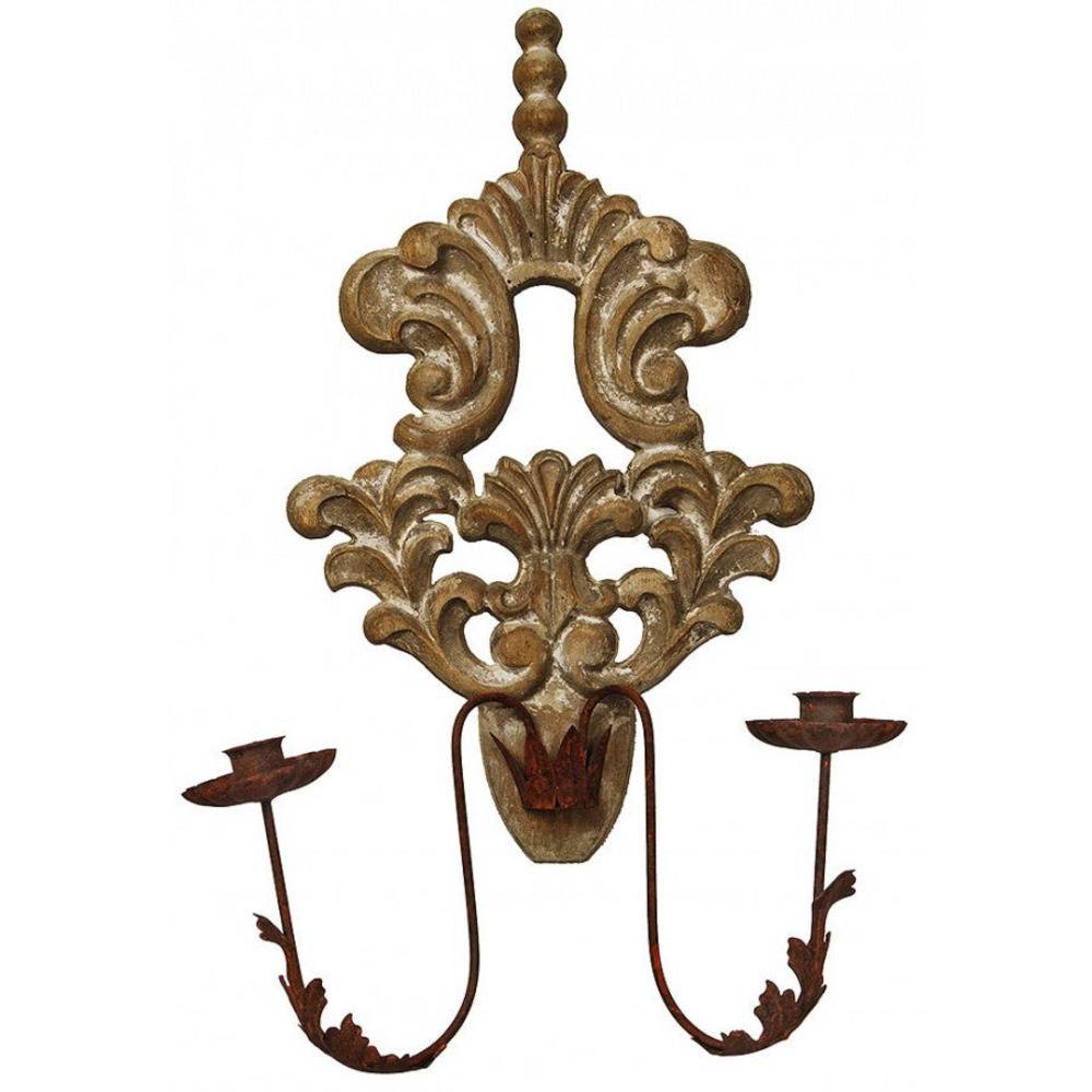 Provence Home Distressed Carved Wood Antiqued Metal Candle Wall Sconce - Image 1