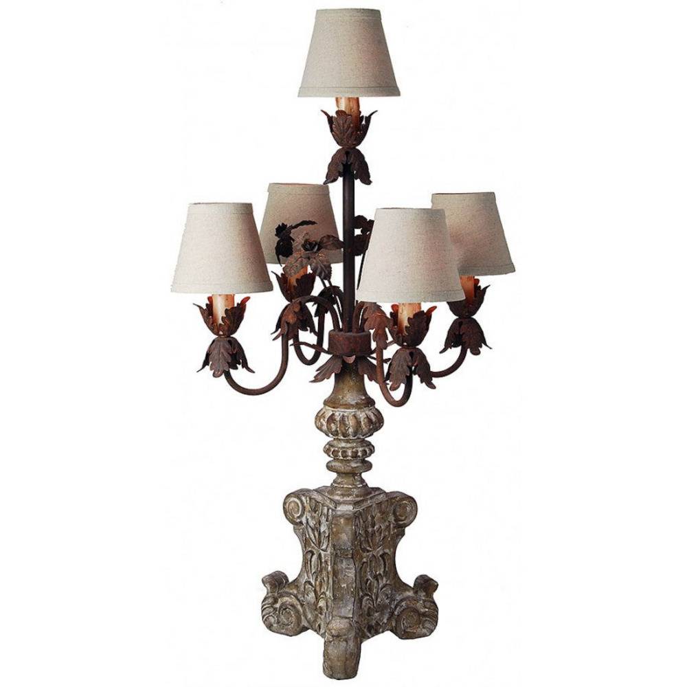 Provence Home Distressed Taupe Carved Wood Candelabra Table Lamp With Antiqued Metal Arms - Image 1
