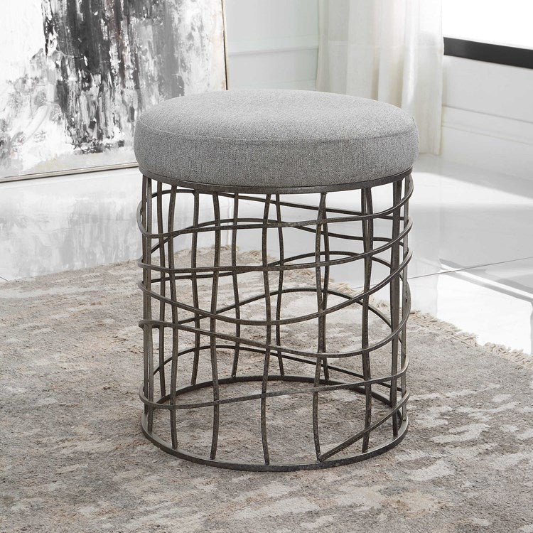 Uttermost Carnival Gray Fabric Seat Burnished Silver Iron Round Accent Stool - Image 1
