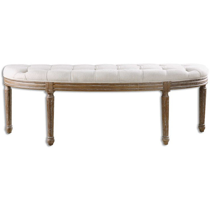 Uttermost Leggett Off White Linen Fabric Cushion Curved Wood Bench - Image 2