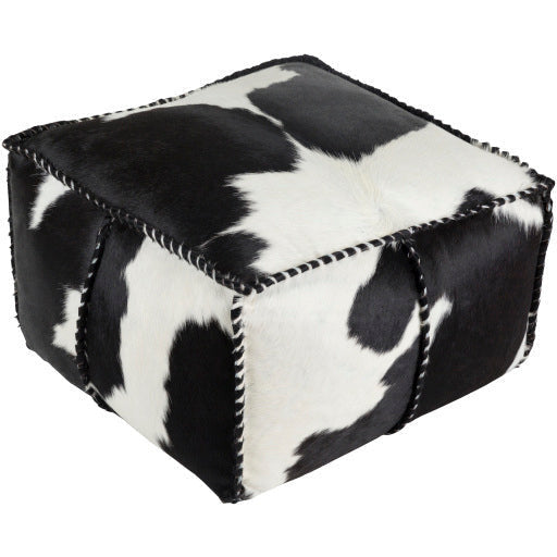 Surya Ranger Modern Hair On Hide Black And Off-White Cowhide Leather Pouf Ottoman RRPF-002 - Image 1