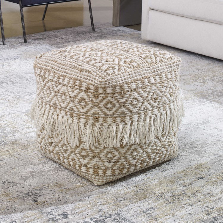 Uttermost Boheme Handwoven Wool & Hemp Soft Ivory and Brown Bohemian Pouf - Image 2