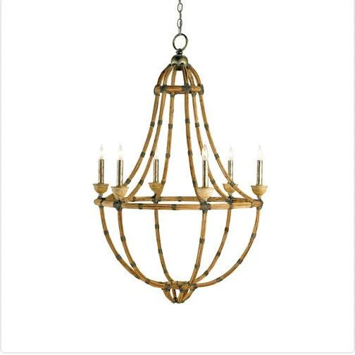 Bronze and Washed Wood and Natural Six-Light Chandelier - Image 1