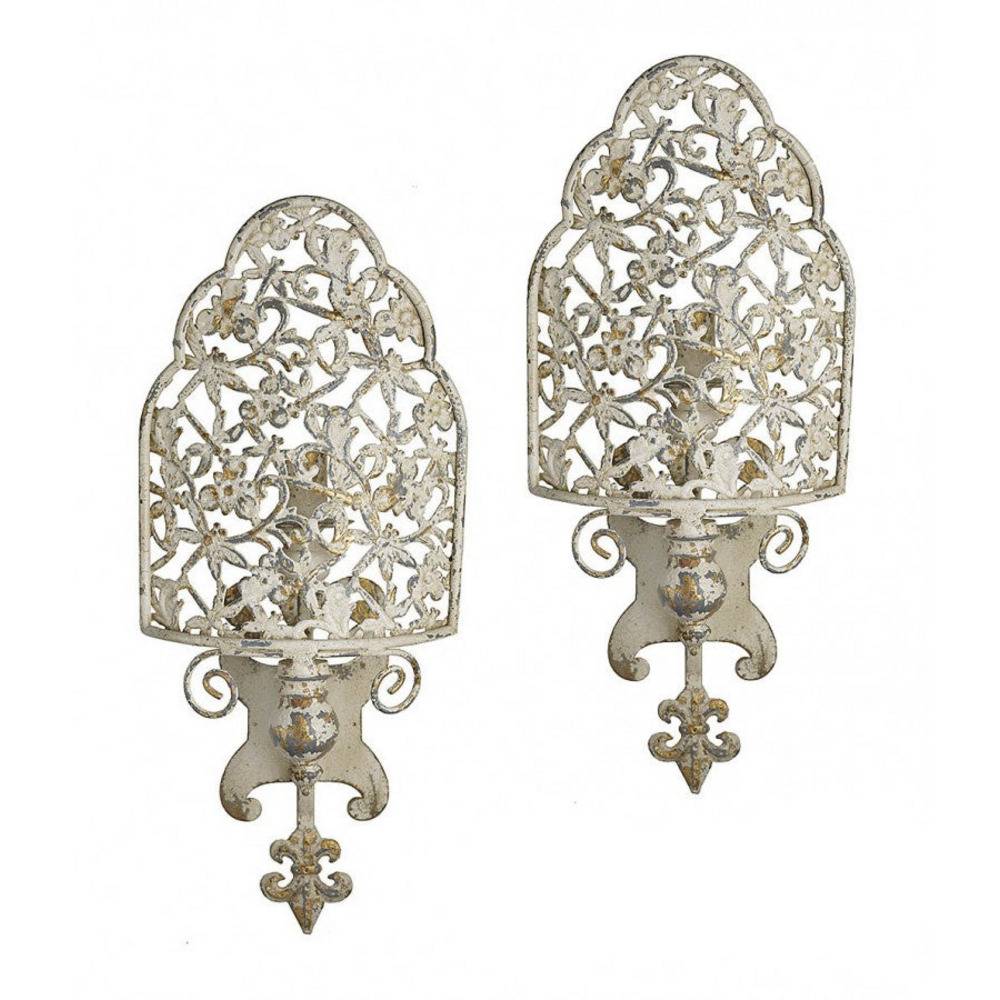 Provence Home Set of 2 Distressed Cream Antiqued Metal Wall Sconces - Image 1