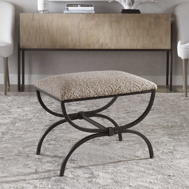 Uttermost Hacienda Latte Faux Shearling Fabric Cushion Seat Black Iron Small Bench - Image 1