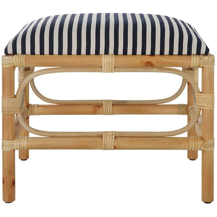 Uttermost Laguna Blue & White Stripe Fabric Seat Cushion Rattan Wrapped Coastal Small Bench - Image 2