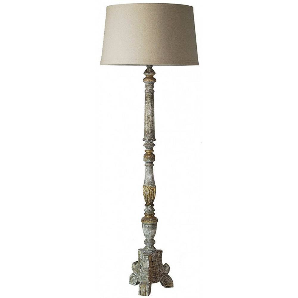 Provence Home Distressed French Grey & Gold Carved Wood Floor Lamp With Linen Shade - Image 1