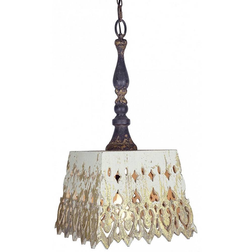 Provence Home Distressed Cream & Gold Carved Wood Shade Antiqued Metal Pendant Light Chandelier - Image 1
