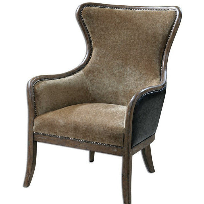 Uttermost Snowden Caramel Velvet Wing Back Armchair With Deep Chocolate Faux Leather Back - Image 2
