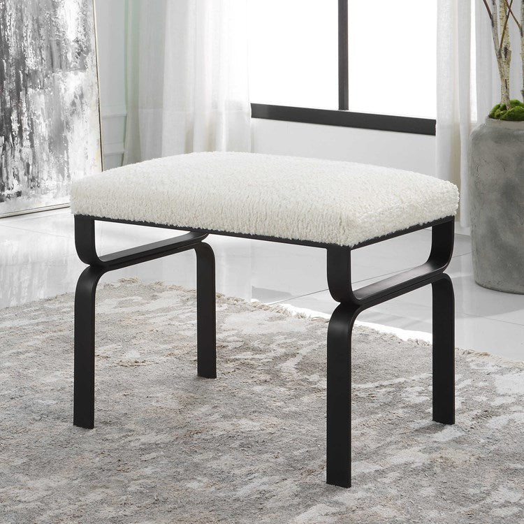 Uttermost Diverge White Faux Shearling Upholstered Seat Black Iron Bench