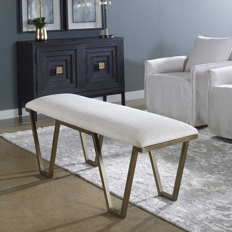 Uttermost Farrah Textured White Fabric Seat Cushion Modern Antiqued Gold Iron Bench - Image 2