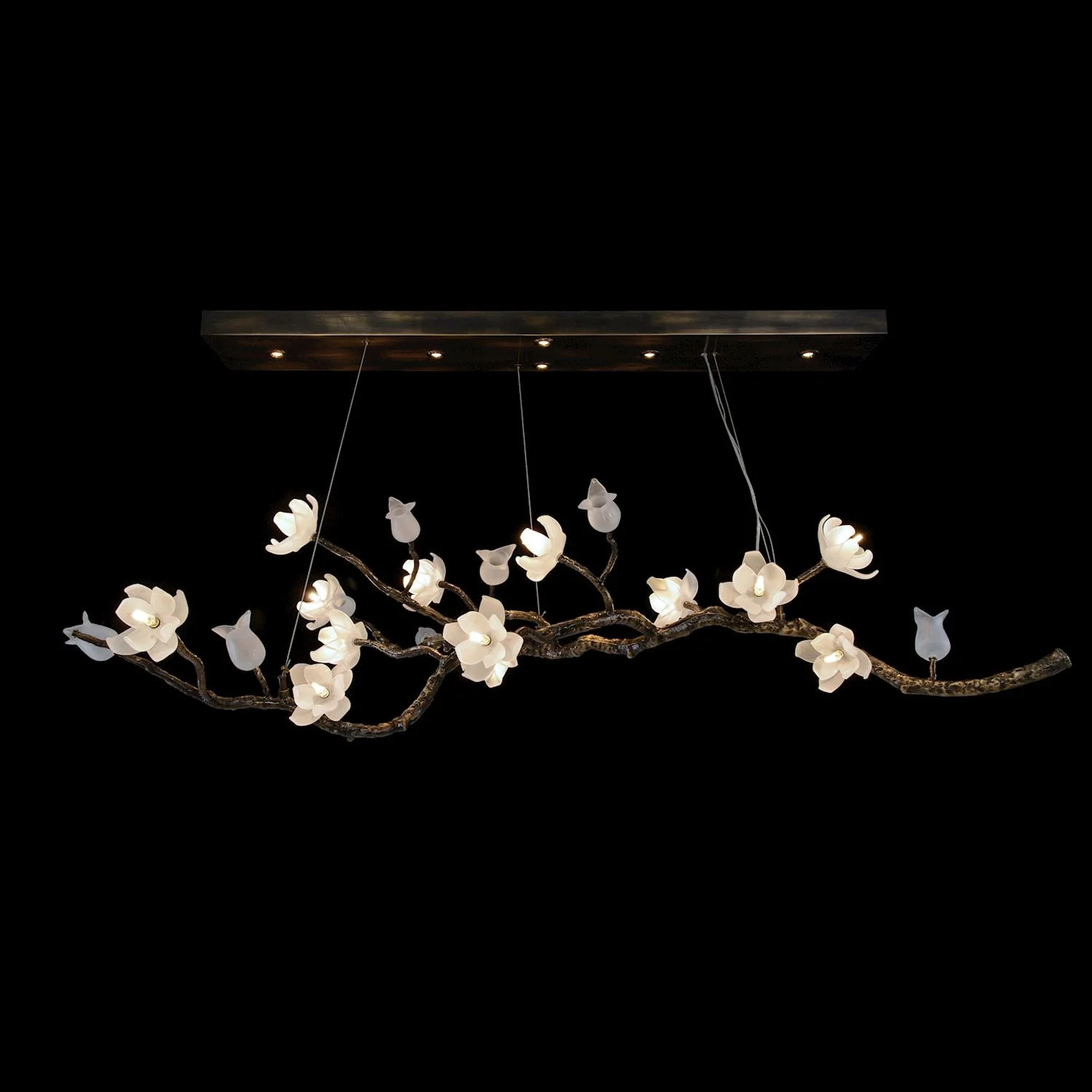 John Richard Churippu Magnolia & Tulip Glass Bronze Oblong Nineteen-Light Chandelier - Image 1