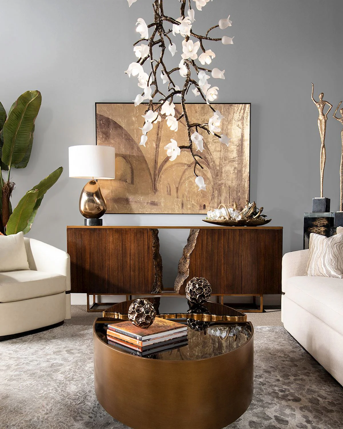 John Richard Churippu Magnolia & Tulip Glass Bronze Vertical Twenty-One Light Chandelier - Image 2