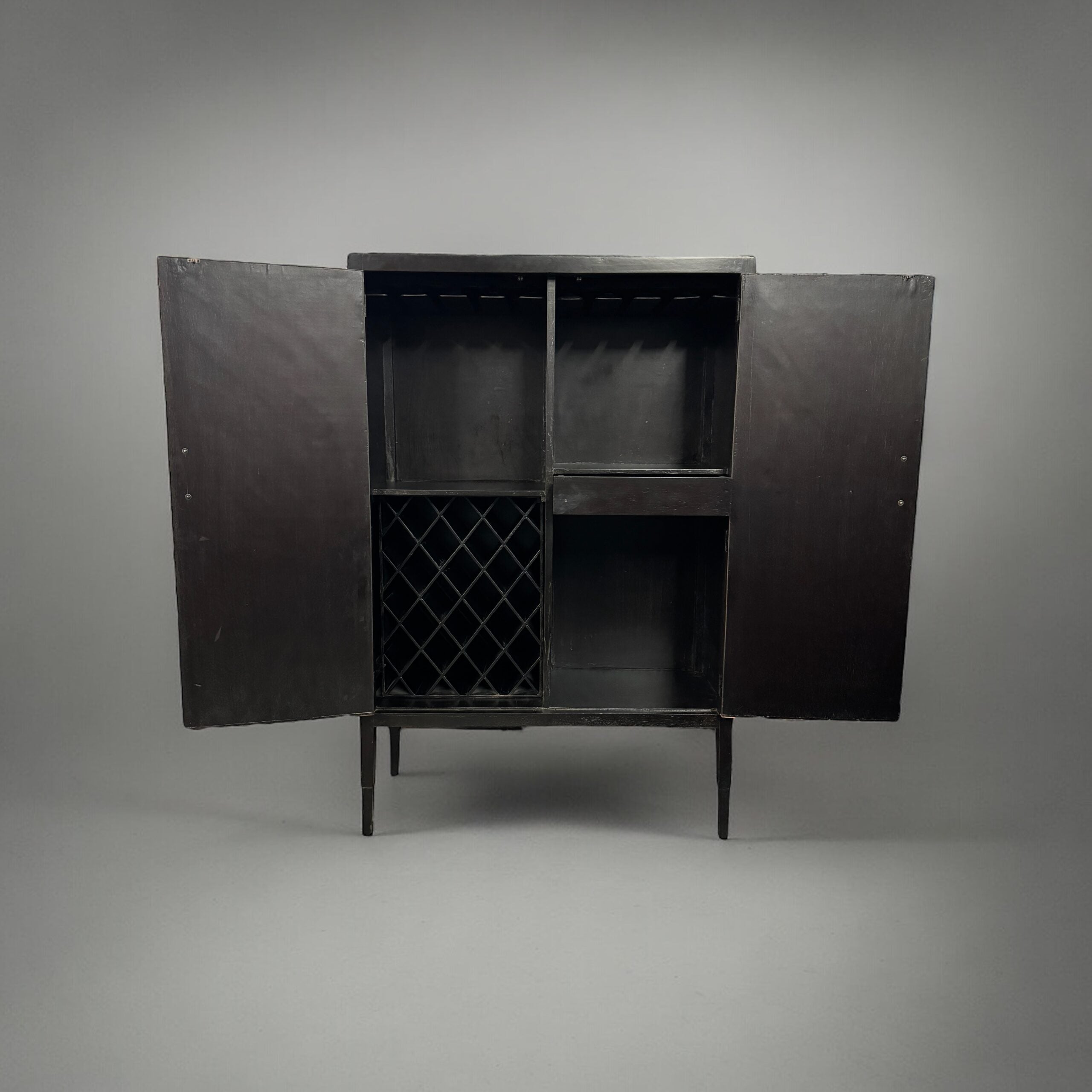 Casa Bonita Peruvian Hand-Painted Carved Wood Alma Wine Cabinet with Brown Leather Panels - Image 2