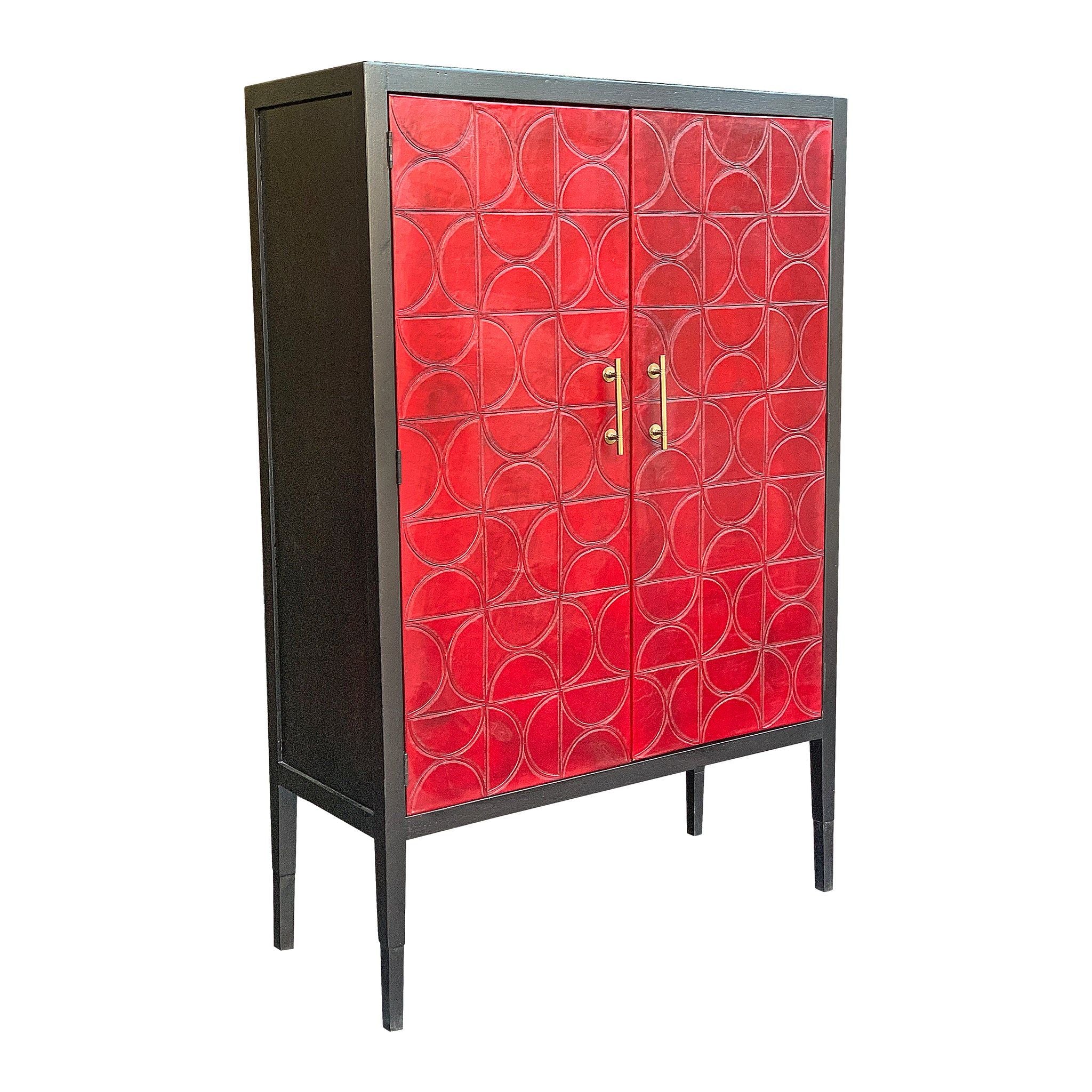 Casa Bonita Peruvian Hand-Painted Carved Wood Alma Wine Cabinet with Red Leather Panels