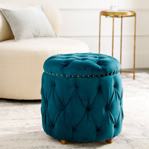 Surya Amana Modern Deep Teal Tufted Round Ottoman With Nailheads AAA-003 - Image 1